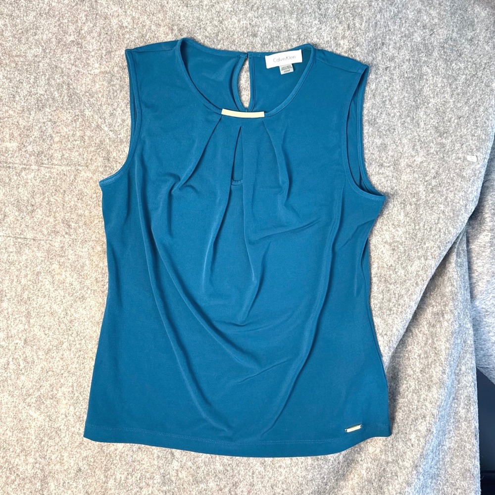 Calvin Klein Teal Pleated Sleeveless Shell Gold Hardware Women S Blouse